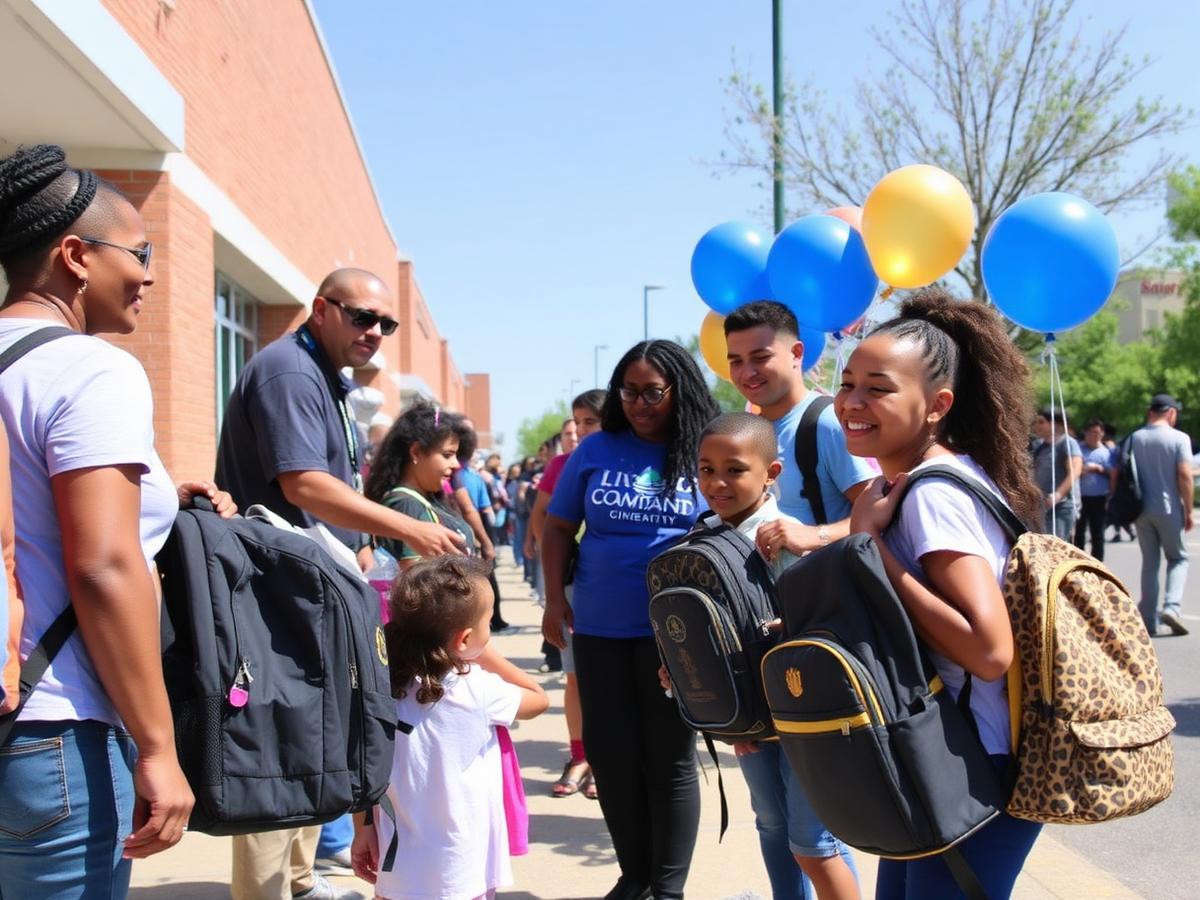 Families and volunteers together at a Fearless and Focused, Inc. community giveaway event.