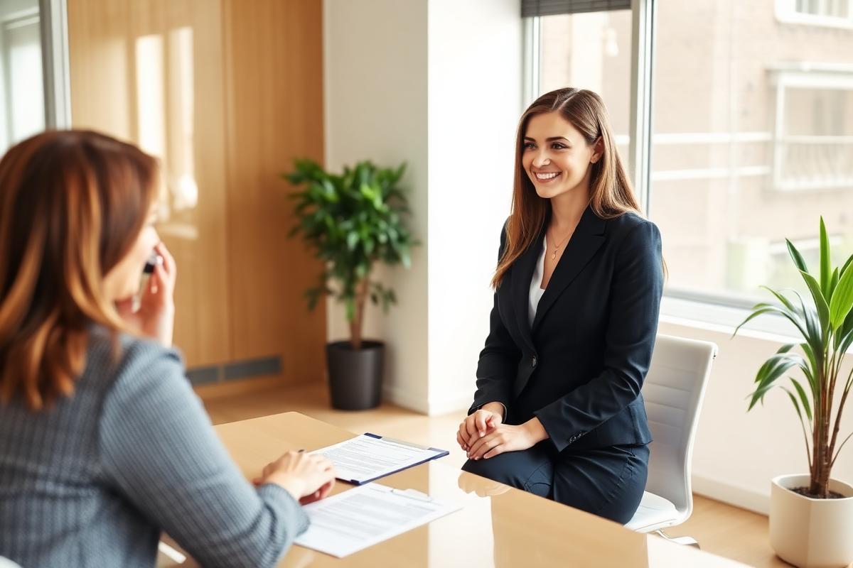 A young woman in business attire practicing an interview with a mentor in a bright office.