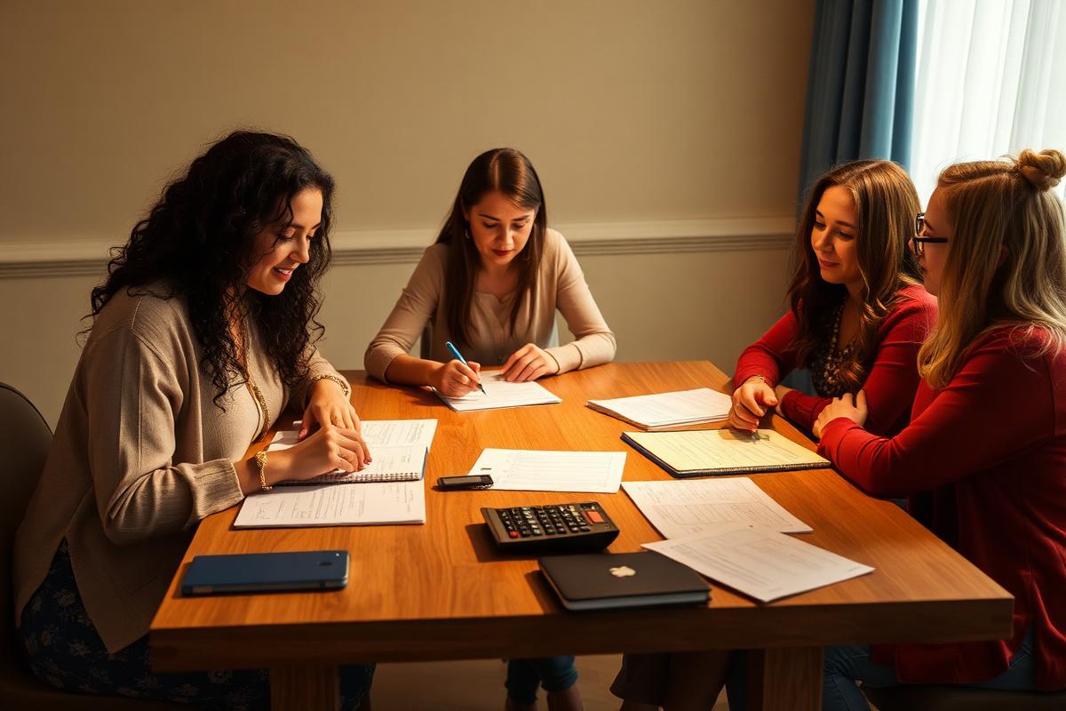 Women seated at a table with notebooks and a calculator during a financial literacy workshop.