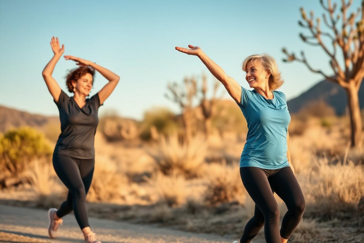 Women stretching and walking outdoors on a desert trail in morning light.